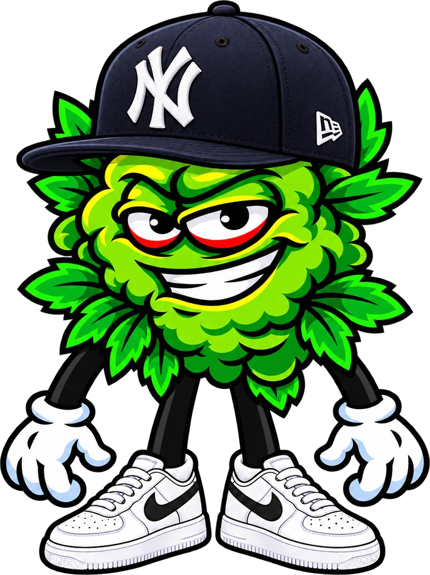 The Flybudz character: a bright green bud with a sly grin, wearing a Yankees fitted, white cartoon gloves, and white sneakers